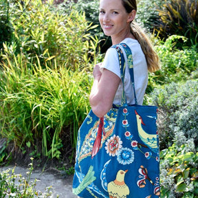 Blue Floral Exotic Bird Canvas Tote Bag
