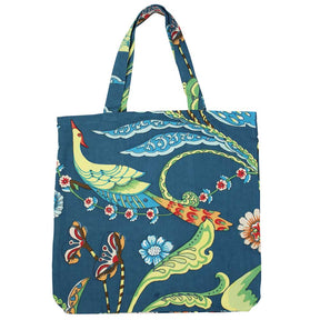 Blaue florale Canvas-Einkaufstasche mit exotischem Vogel