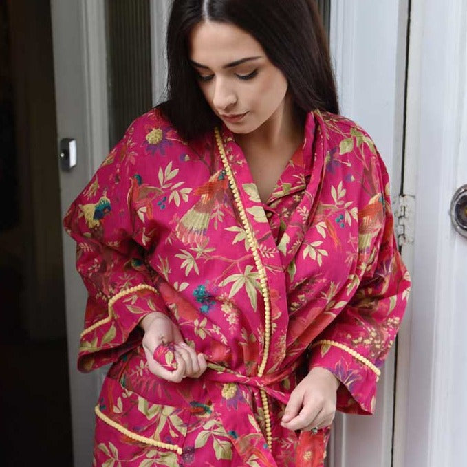 Hot Pink Bird Print Dressing Gown Hot Pink Bird Print Dressing Gown