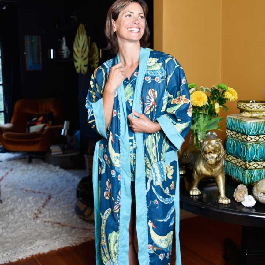 Blue Floral Exotic Bird Print Dressing Gown