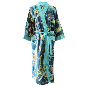 Blue Floral Exotic Bird Print Dressing Gown