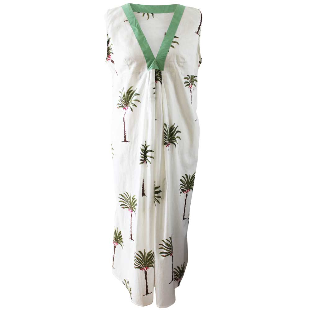 Ärmelloses Baumwollkleid „Jaime“ mit grünem Palmenmuster und V-Ausschnitt