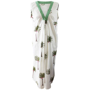 Ärmelloses Baumwollkleid „Jaime“ mit grünem Palmenmuster und V-Ausschnitt