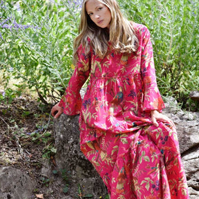 Azure' Hot Pink Bird Long Sleeve Cotton Tiered Dress