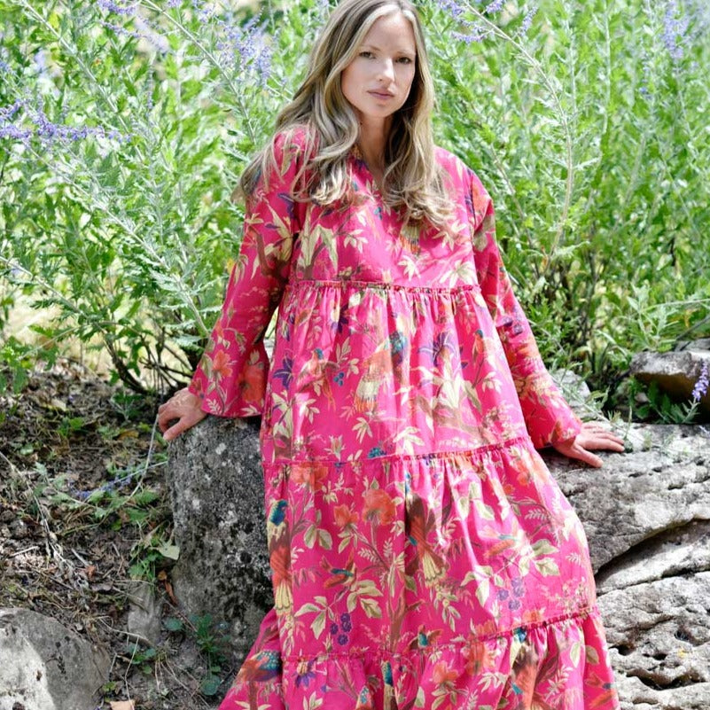 ‘Azure’ Hot Pink Bird Long Sleeve Cotton Tiered Dress