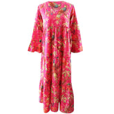 ‘Azure’ Hot Pink Bird Long Sleeve Cotton Tiered Dress