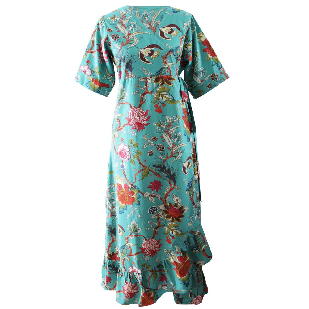 ‘Harlow’ Teal Exotic Flower Long Cotton Wrap Dress