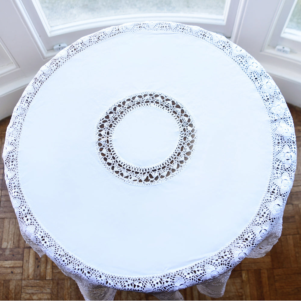 White Crochet Round Tablecloth