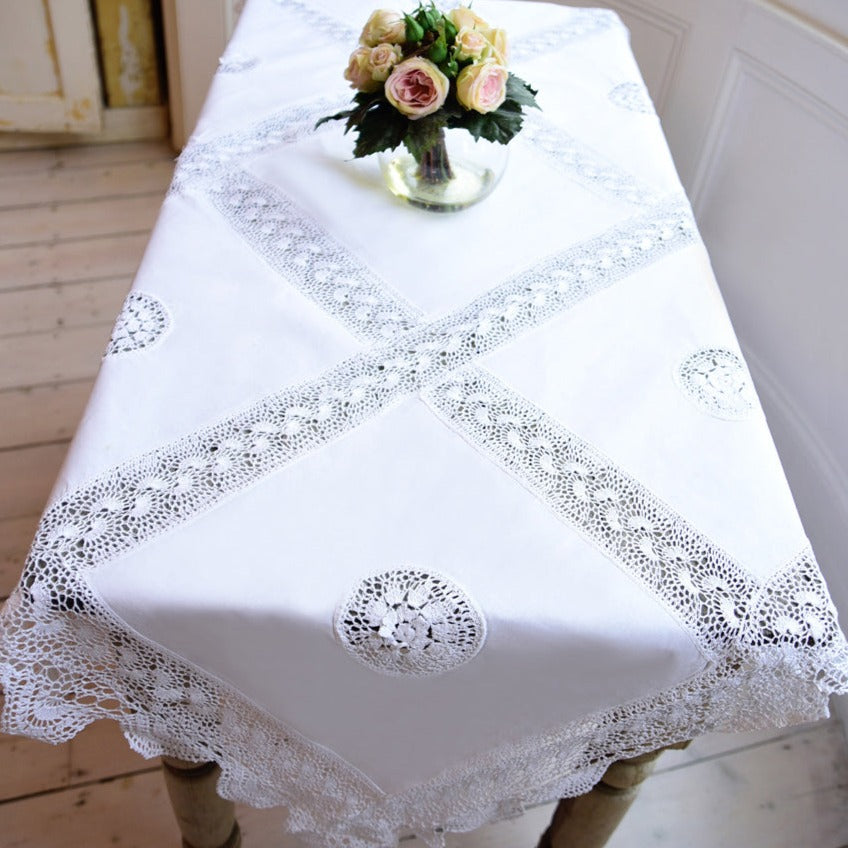 Linen and Crochet Square Tablecloth