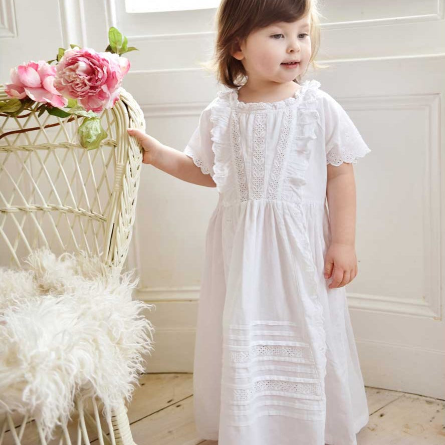 Embroidered And Pin Tucked Short Sleeve White Dress