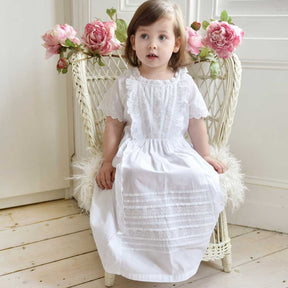 Embroidered And Pin Tucked Short Sleeve White Dress