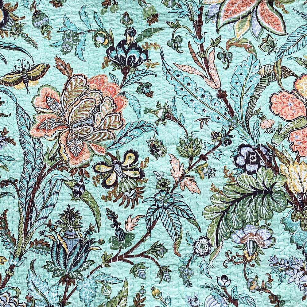 Mint Exotic Flowers Kantha Throw