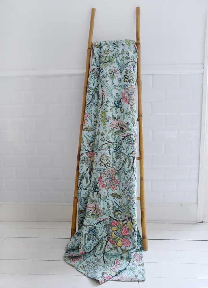 Mint Exotic Flowers Kantha Throw