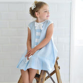 Blue Linen Sleeveless Dress with Ribbon Front