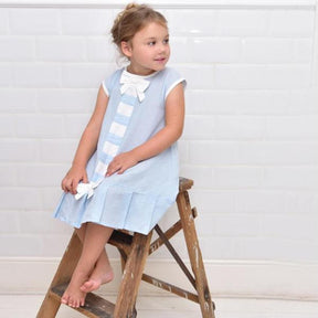 Blue Linen Sleeveless Dress with Ribbon Front
