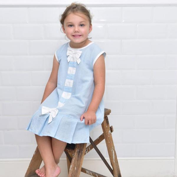 Blue Linen Sleeveless Dress with Ribbon Front