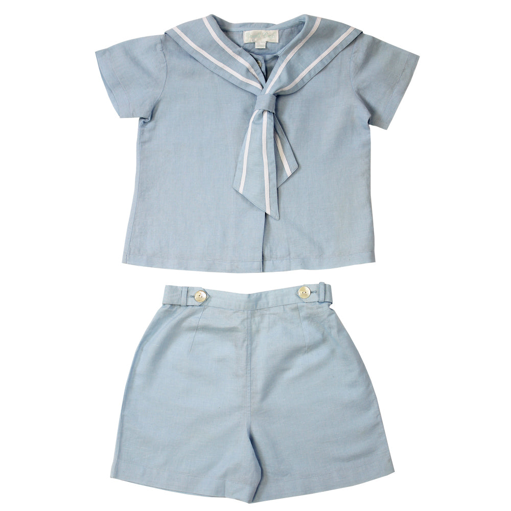 Blue Linen Sailor Top + Shorts Set