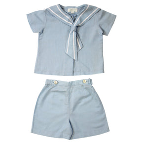 Blue Linen Sailor Top + Shorts Set