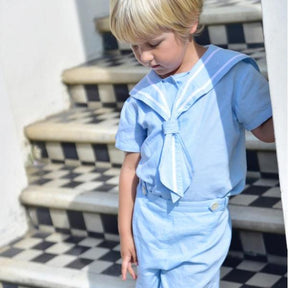 Blue Linen Sailor Top + Shorts Set