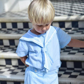 Blue Linen Sailor Top + Shorts Set