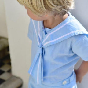 Blue Linen Sailor Top + Shorts Set