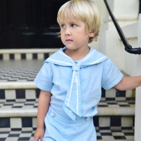 Blue Linen Sailor Top + Shorts Set