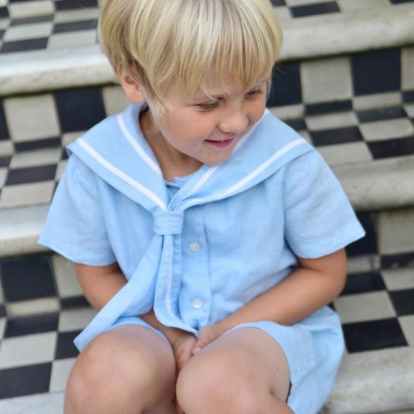 Blue Linen Sailor Top + Shorts Set
