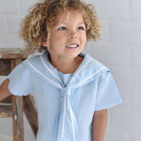 Blue Linen Sailor Top + Shorts Set