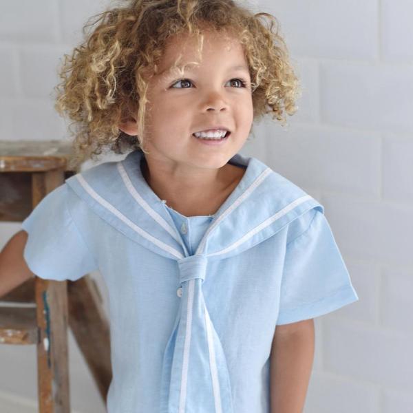 Blue Linen Sailor Top + Shorts Set