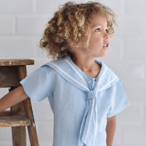 Blue Linen Sailor Top + Shorts Set