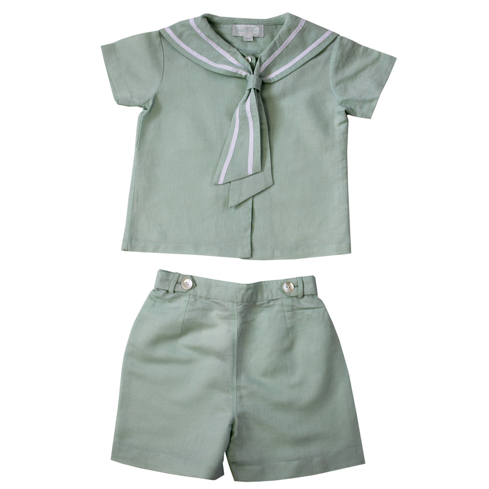 Mint Linen Sailor Top + Shorts Set
