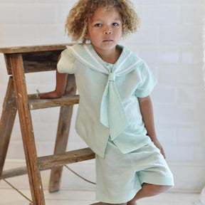 Mint Linen Sailor Top + Shorts Set