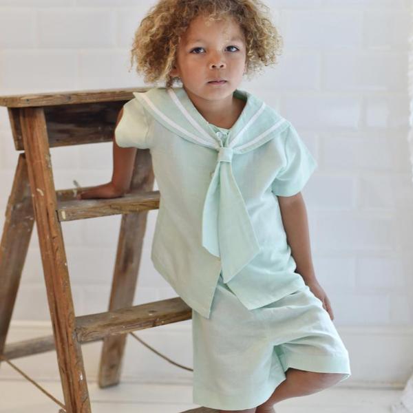 Mint Linen Sailor Top + Shorts Set