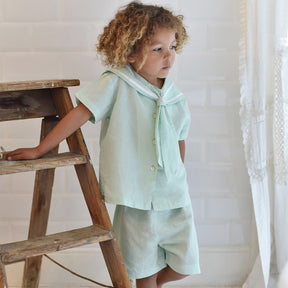 Mint Linen Sailor Top + Shorts Set
