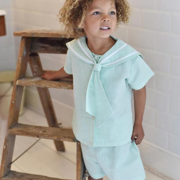 Mint Linen Sailor Top + Shorts Set
