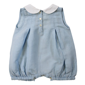 Blue Linen Romper with White Trims