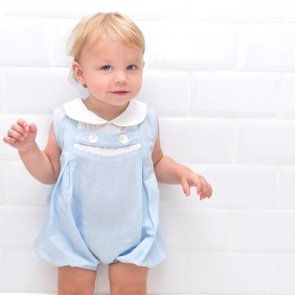 Blue Linen Romper with White Trims