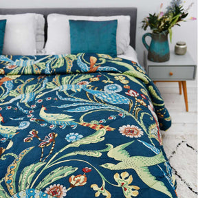 Blue Floral Exotic Bird Print Quilt