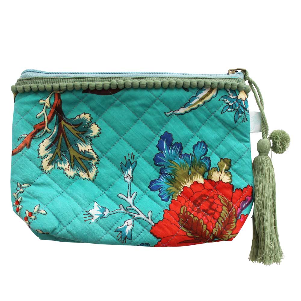 Blaugrüne Make-up-Tasche mit exotischem Blumendruck