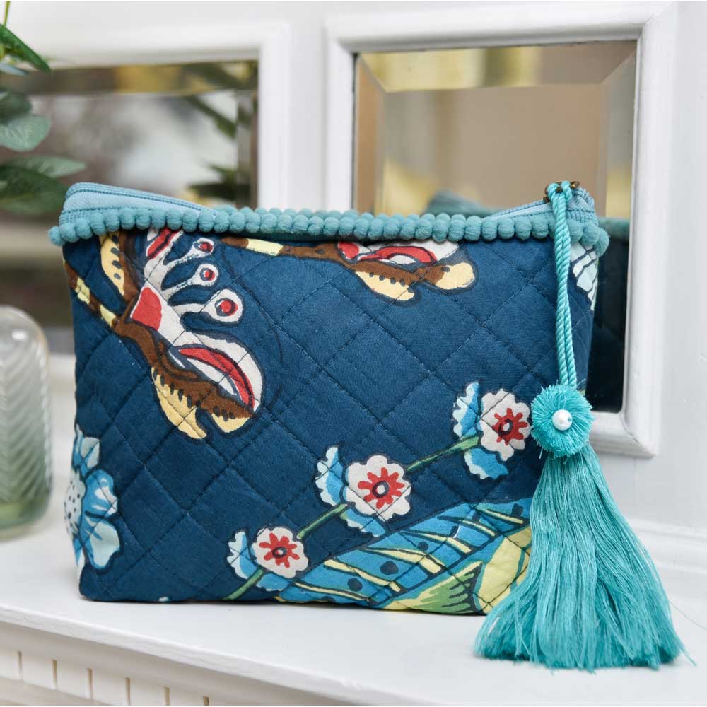 Blue Floral Exotic Bird Print Make Up Bag