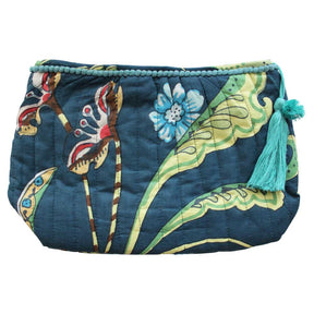 Blue Floral Exotic Bird Print Lined Wash Bag