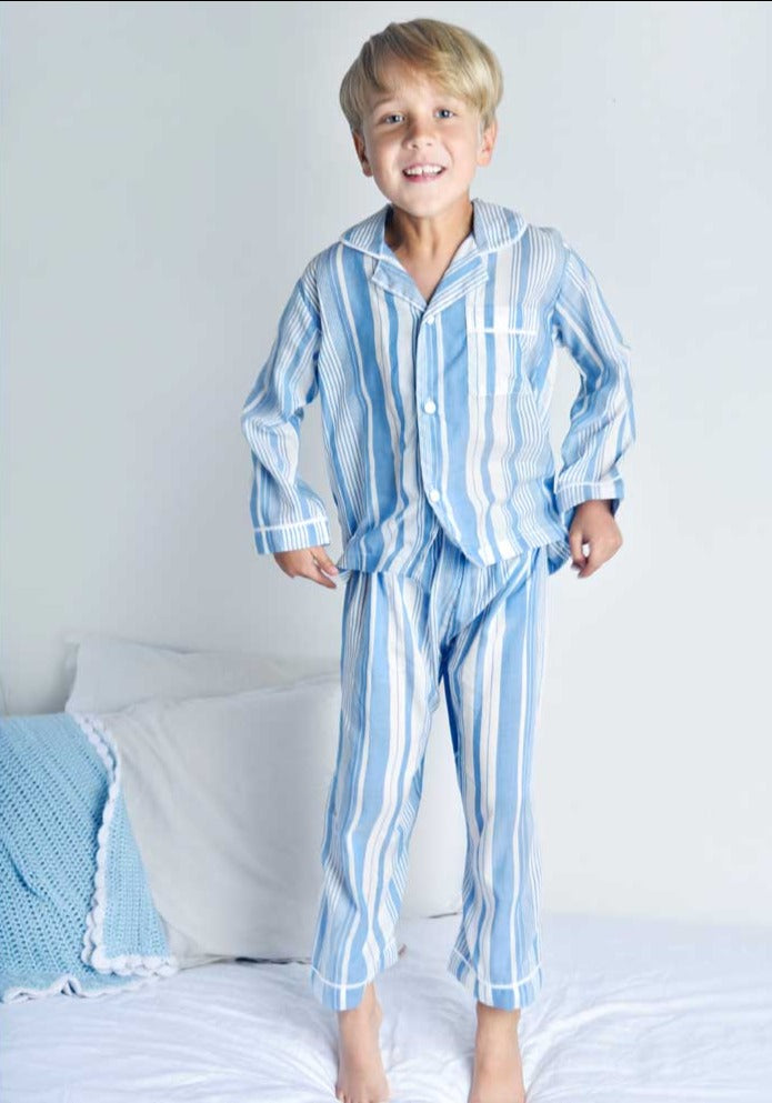 Pyjama en coton rayé bleu et blanc garçon