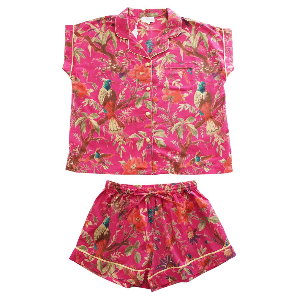 Hot Pink Birds Short Pyjama Set With Piping