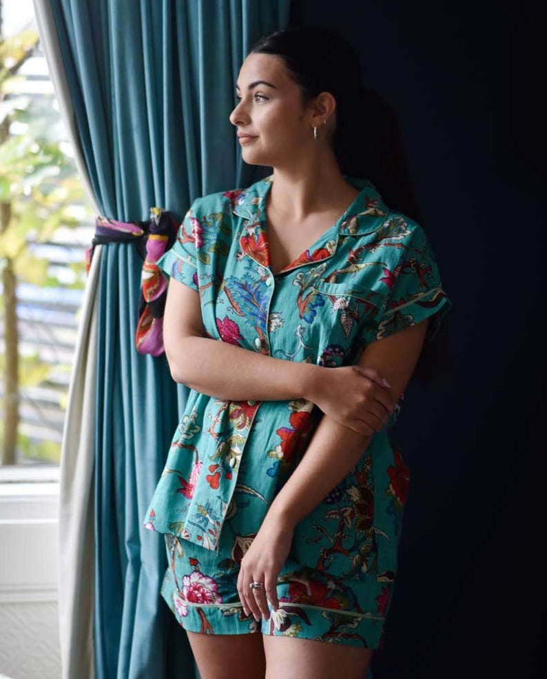 Teal Exotic Flower Short Pyjama Set With Piping