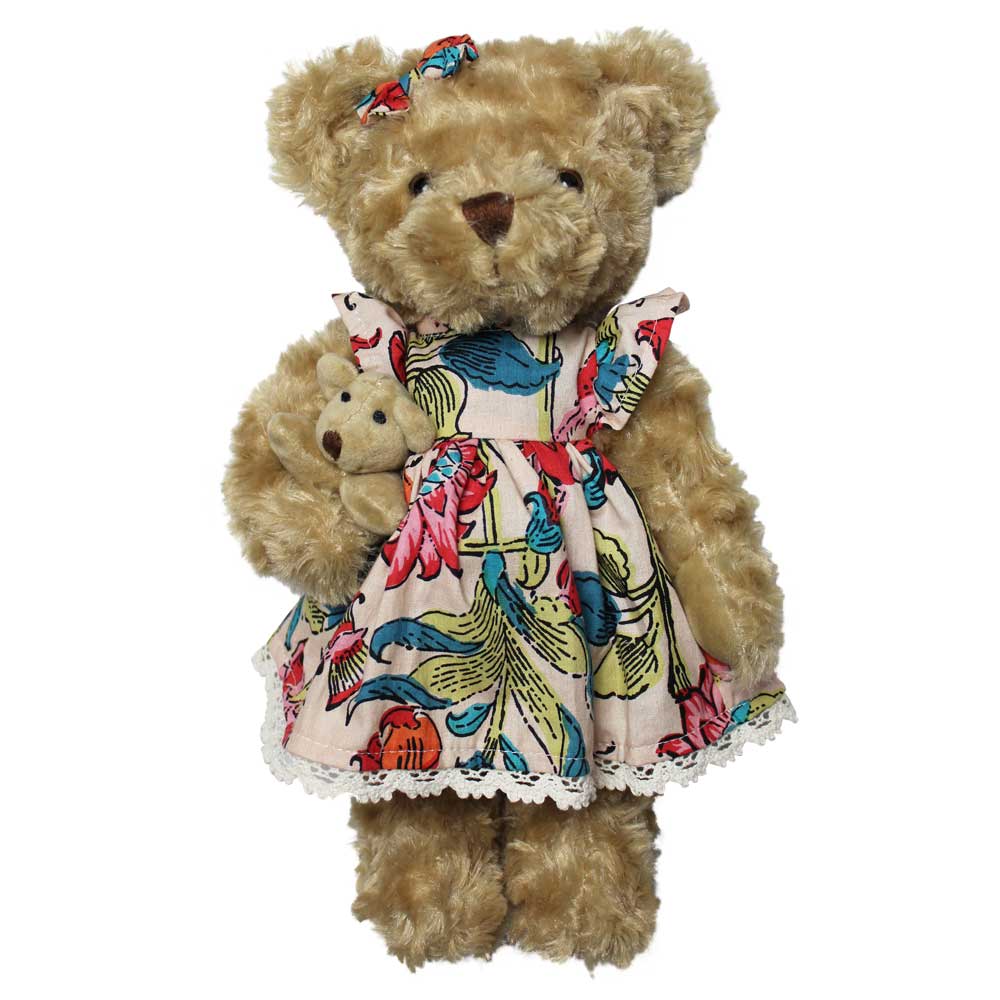 Teddy Bear With Floral Garden Print Dress And Baby