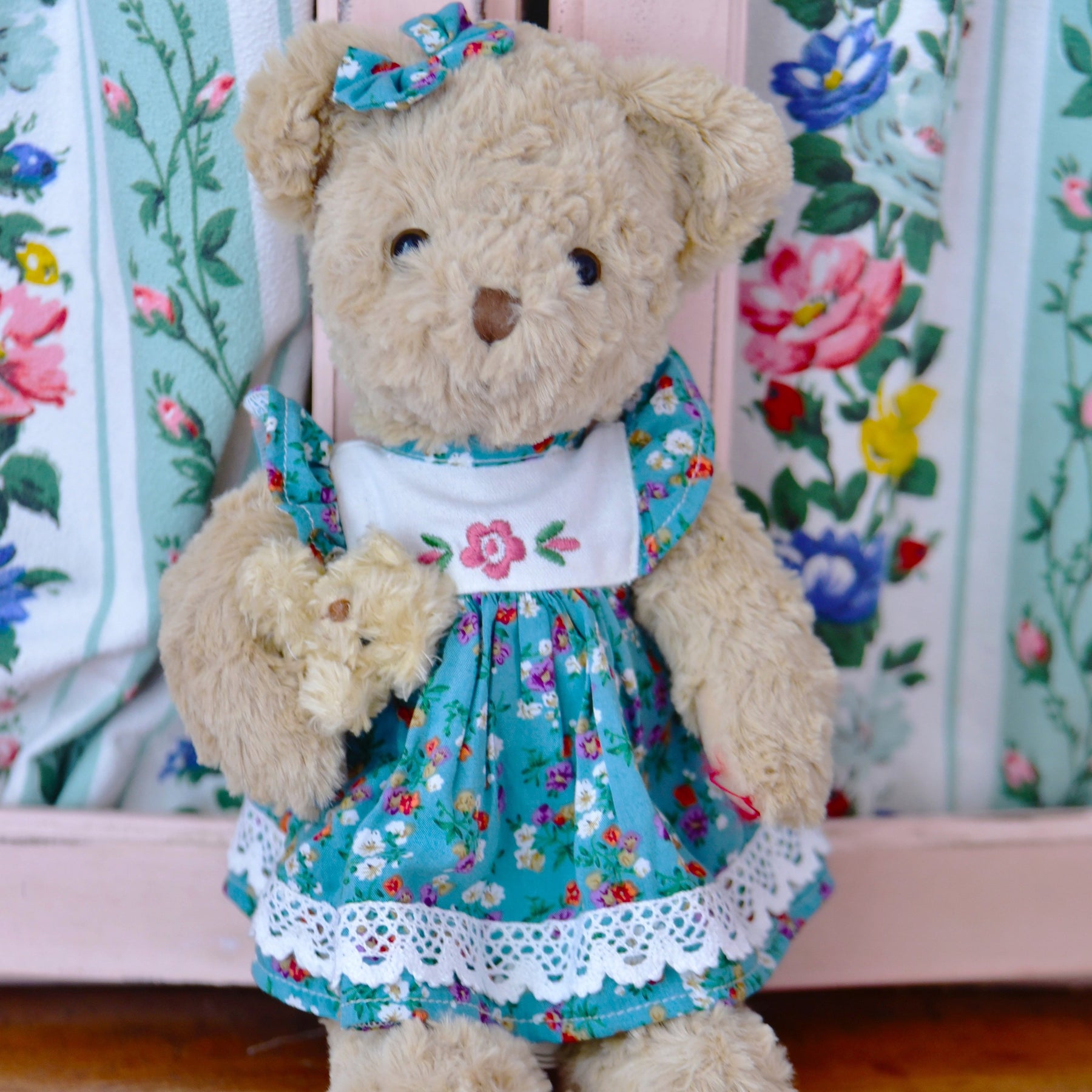 Teddy Bear in Green Floral Dress with Baby Bear