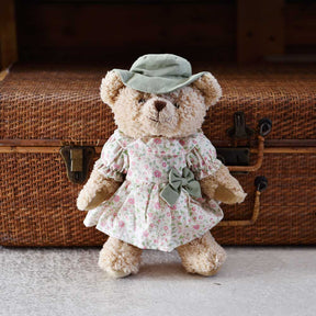 Teddy Bear With Floral Gardening Dress And Green Hat