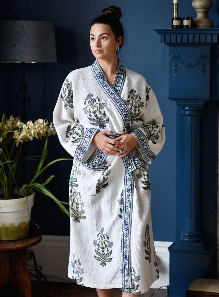 blue waffle dressing gown Men's Navy Cotton Waffle Dressing Gown